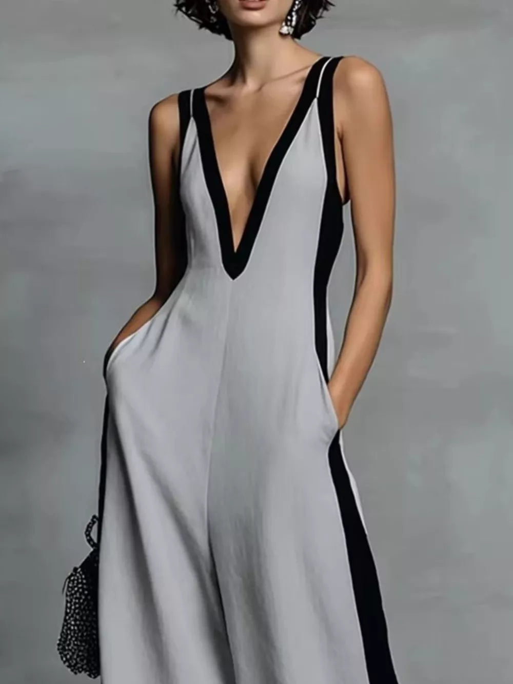 Deep V-neck Wide-leg Jumpsuit, alternate angle