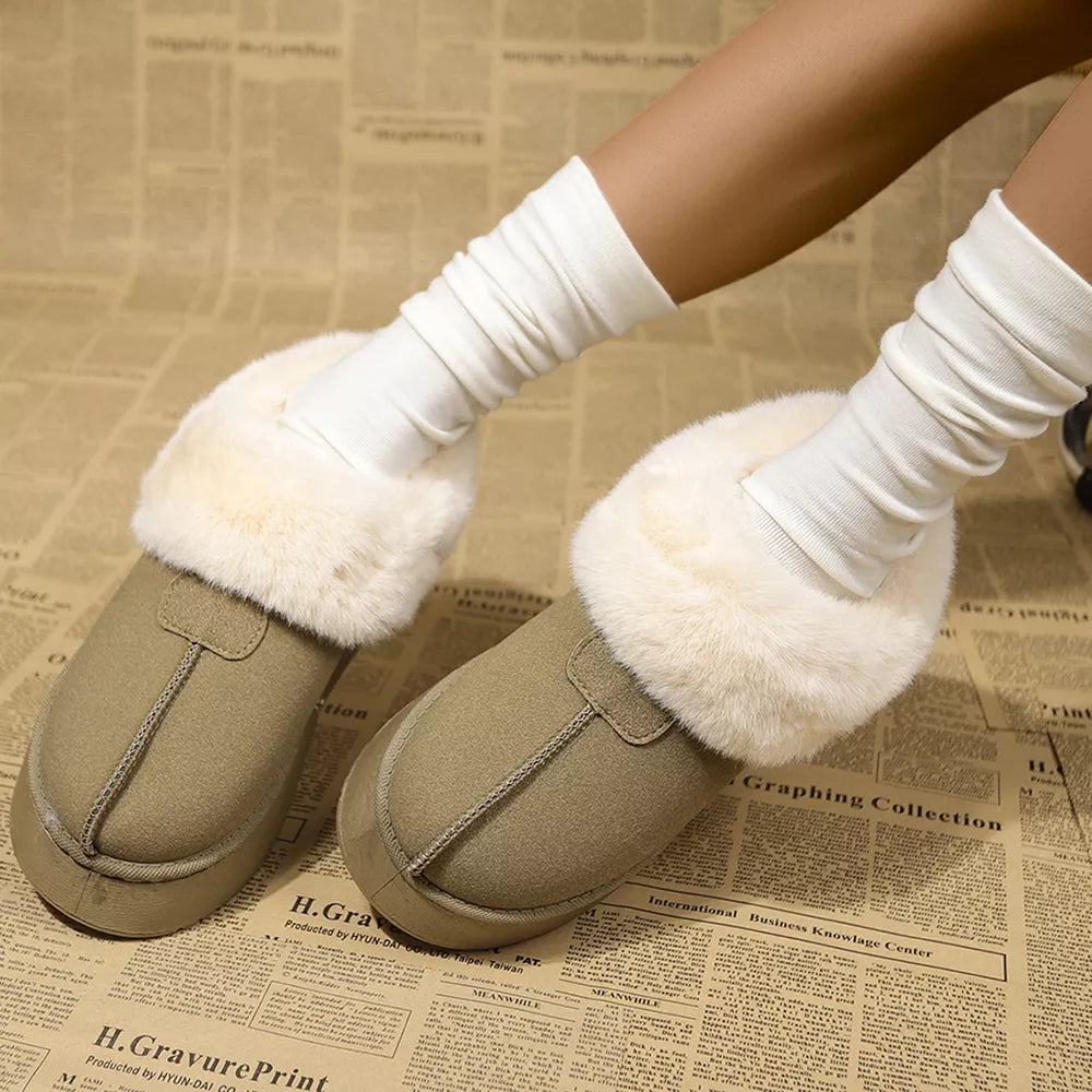Plush suede platform slippers in matcha green with cream faux fur trim and white slouch socks