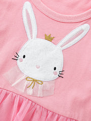 Pink cotton toddler dress with bunny appliqué, crown, tulle collar, and bow.