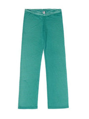 Turquoise sheer flare trousers with horizontal stripes and a comfortable fit.