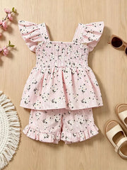 Pink floral ruffle baby set with smocked bodice and flutter sleeves.