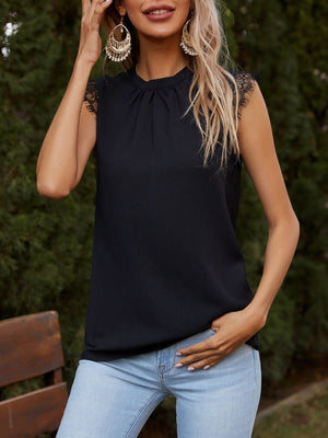 Black lace trim gathered neck shell blouse with sleeveless design