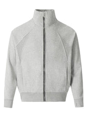 Gray zip-up sweatshirt with sculpted seam details and a stand-up collar.