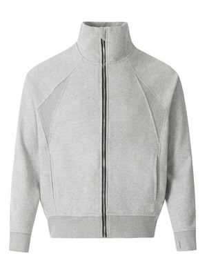 Gray zip-up sweatshirt with sculpted seam details and a stand-up collar.