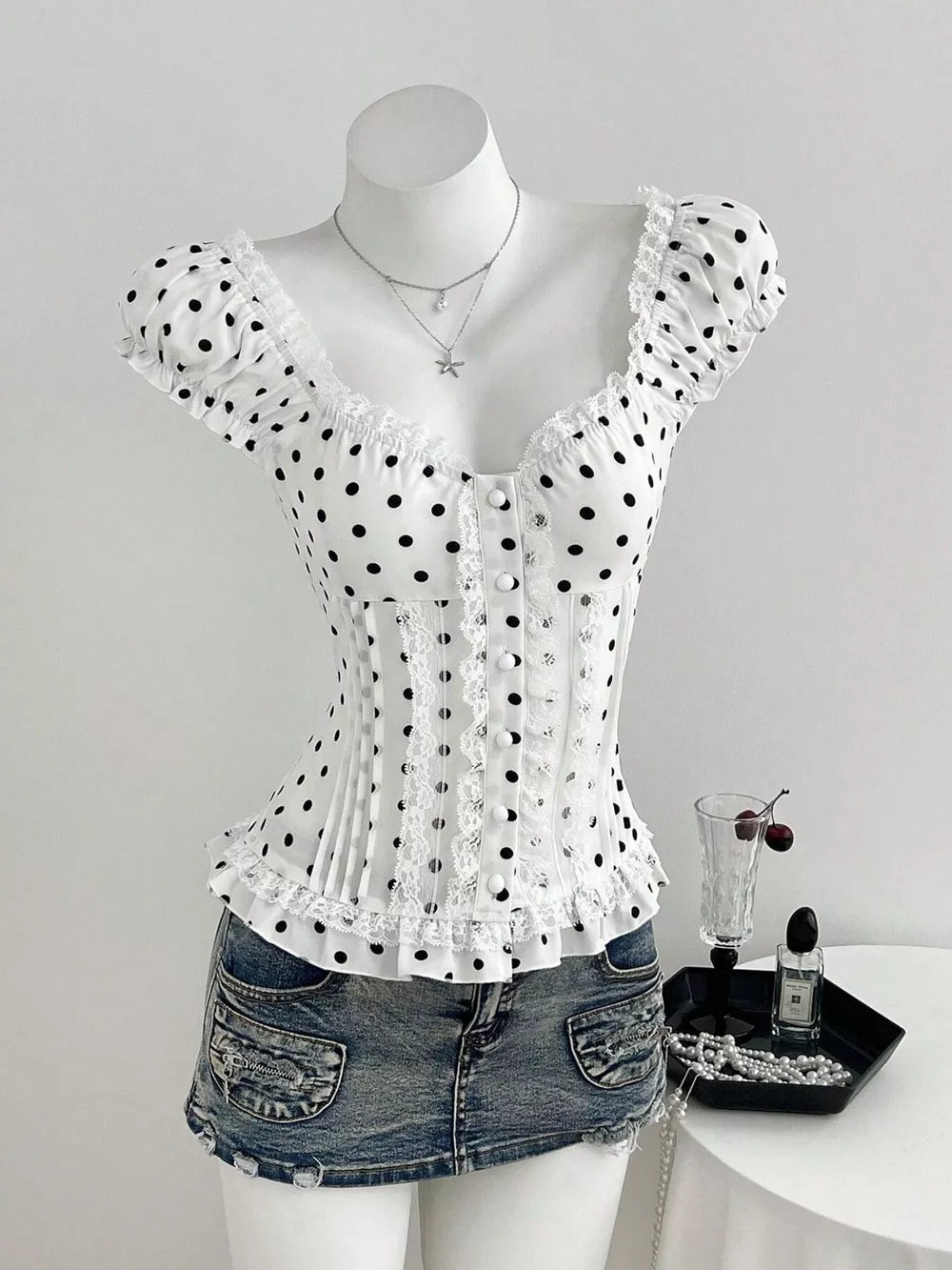 Polka Dot Lace Trim Cap Sleeve Blouse, close-up detail