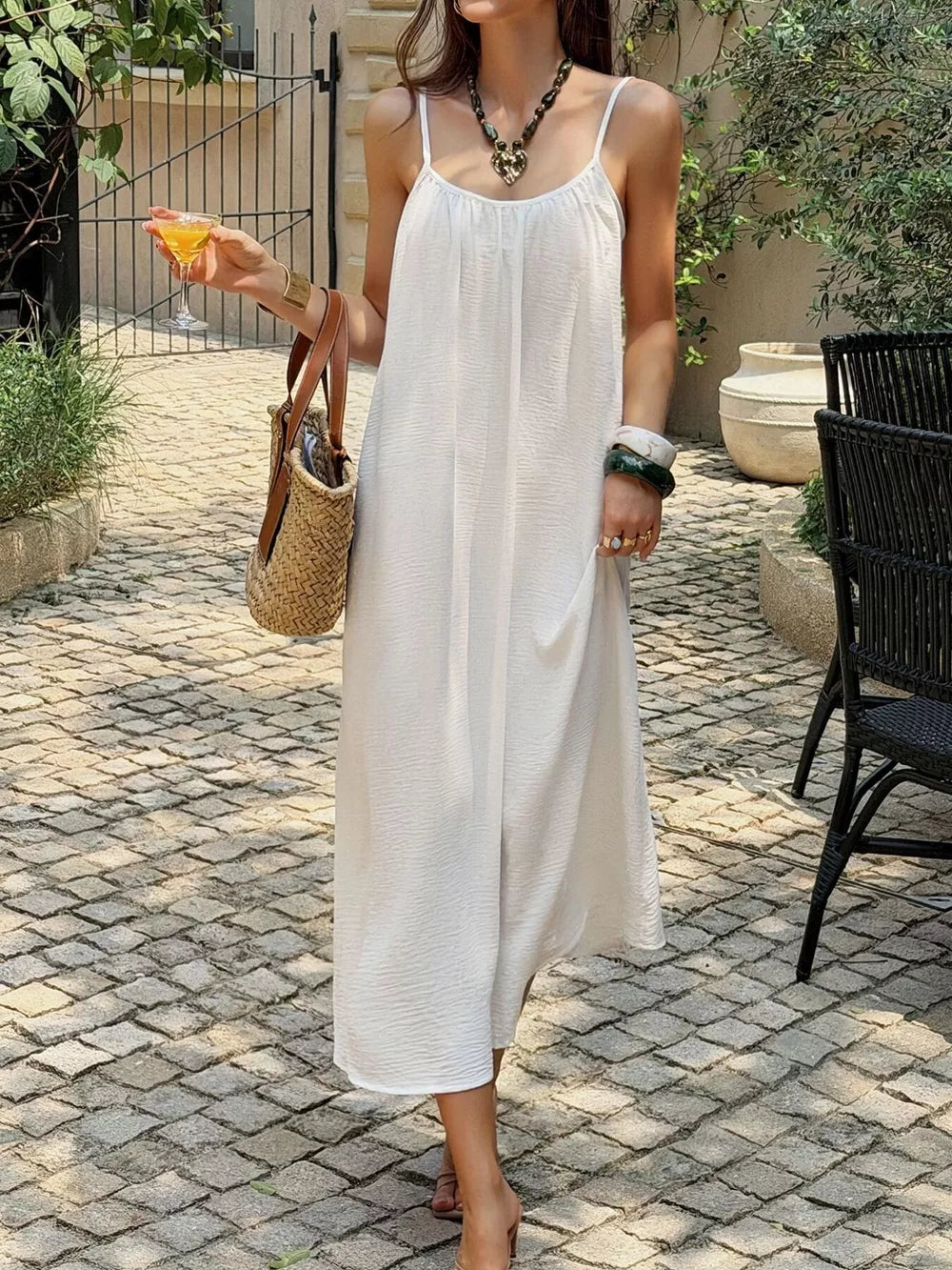 Flowy Spaghetti Strap Midi Dress in White, front view