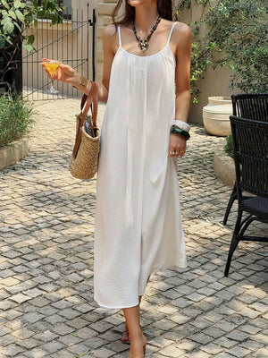 Flowy Spaghetti Strap Midi Dress in White, front view