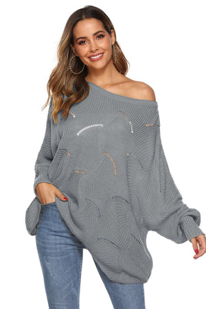 Light gray openwork cocoon sleeve knit sweater with boat neck and relaxed fit.