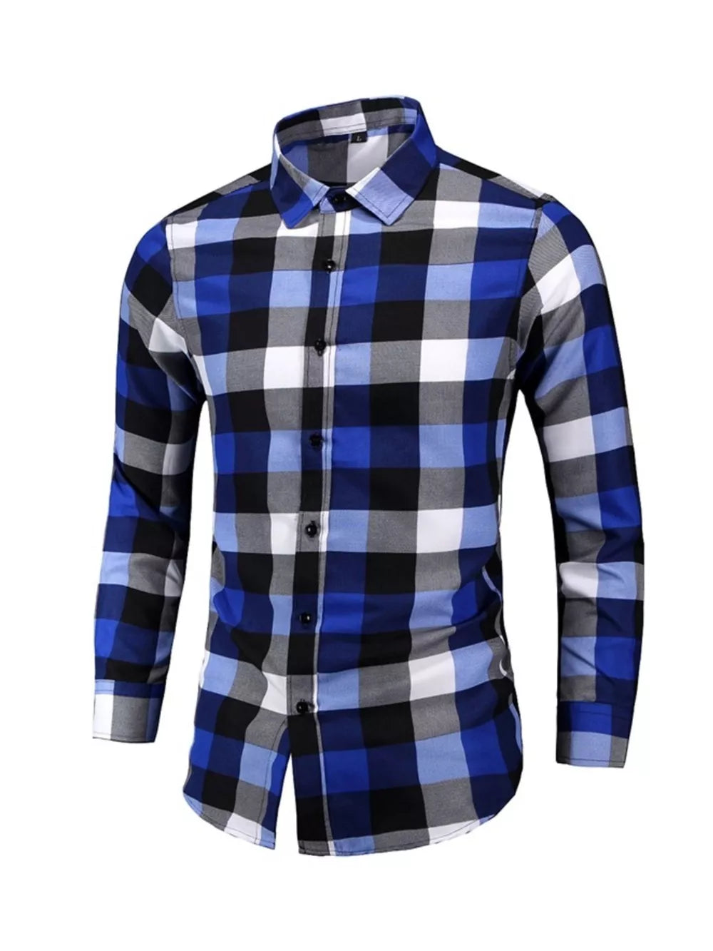 Men's long sleeve cotton plaid button-up shirt in blue, black, white, and gray.