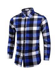 Men's long sleeve cotton plaid button-up shirt in blue, black, white, and gray.