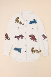 White quilted overshirt with colorful embroidered tiger patches and button front.