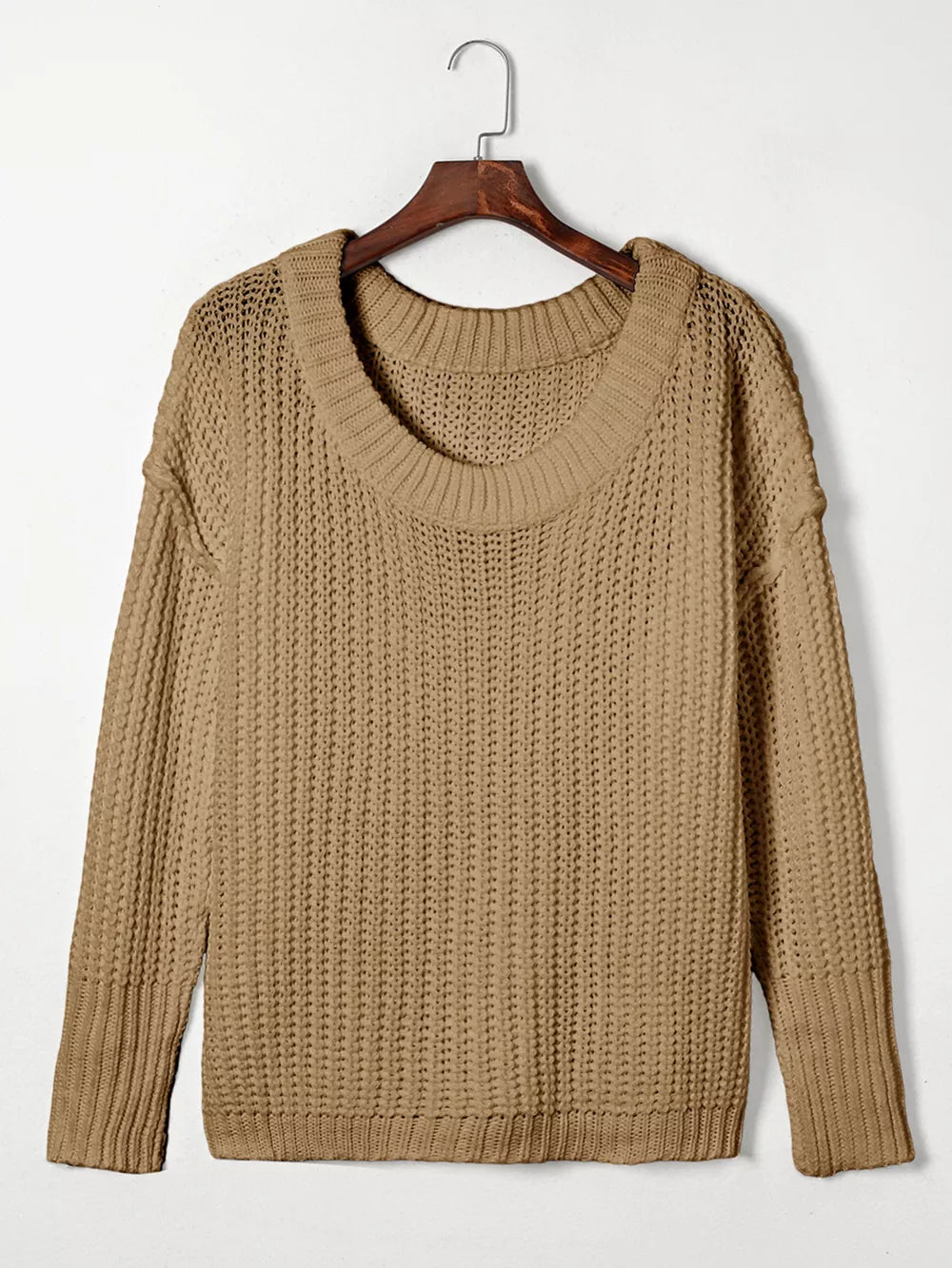 Ribbed Knit Round Neck Chunky Sweater in White, view 13