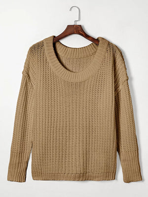 Ribbed Knit Round Neck Chunky Sweater in White, view 13