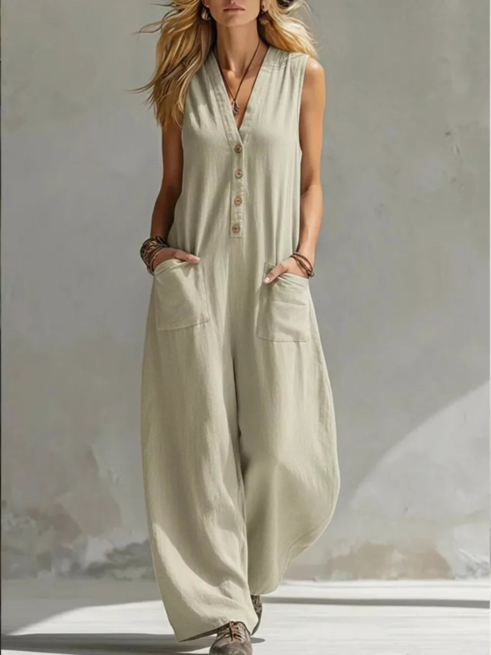 Chic V-neck Wide-leg Jumpsuit With Pockets