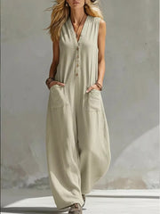 Chic V-neck Wide-leg Jumpsuit With Pockets