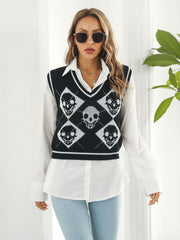 Black argyle knit vest with skull motif, V-neck, sleeveless, acrylic