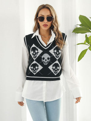 Black argyle knit vest with skull motif, V-neck, sleeveless, acrylic