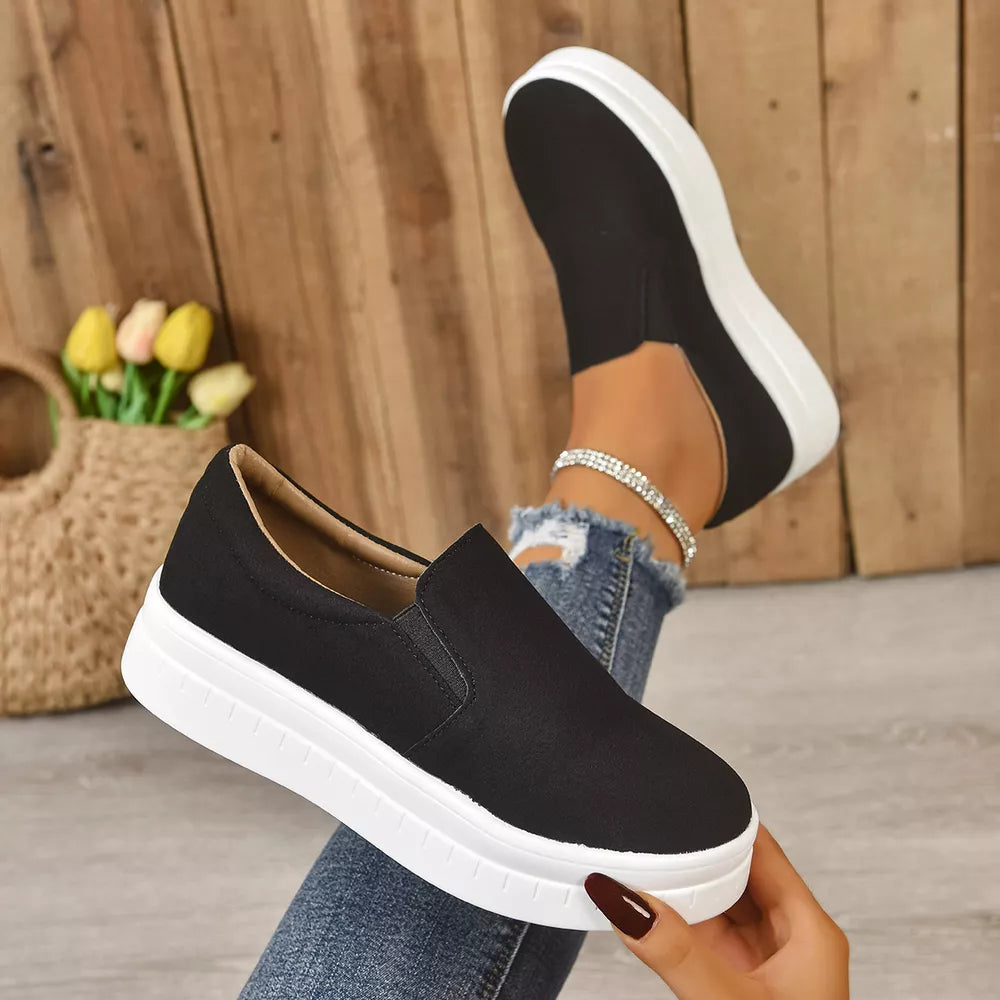 Round Toe Platform Slip-ons in Black, alternate angle