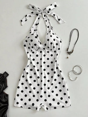 Polka Dot Halter Neck Romper, back view