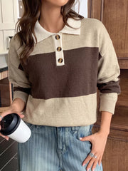Color Block Polo Collar Sweater in Coffee Brown, side view
