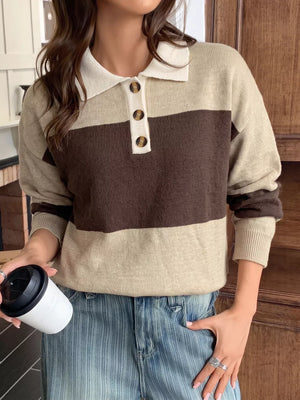 Color Block Polo Collar Sweater in Coffee Brown, side view