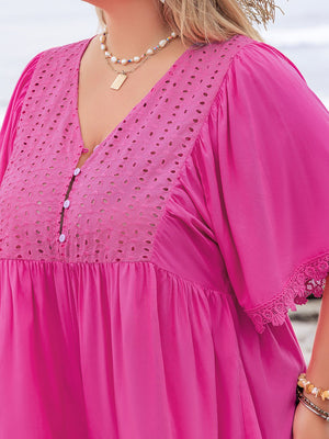 Hot pink eyelet yoke romper with flutter sleeves and lace trim.