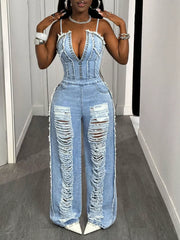 Distressed Spaghetti Strap Wide-leg Denim Jumpsuit, back view