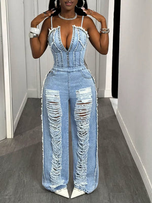Distressed Spaghetti Strap Wide-leg Denim Jumpsuit, back view