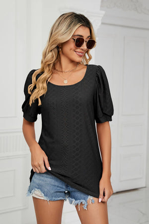 Black eyelet puff sleeve scoop neck blouse with textured pattern