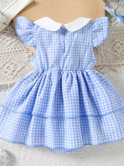 Pastel blue gingham baby dress with ruffled sleeves and tiered skirt.