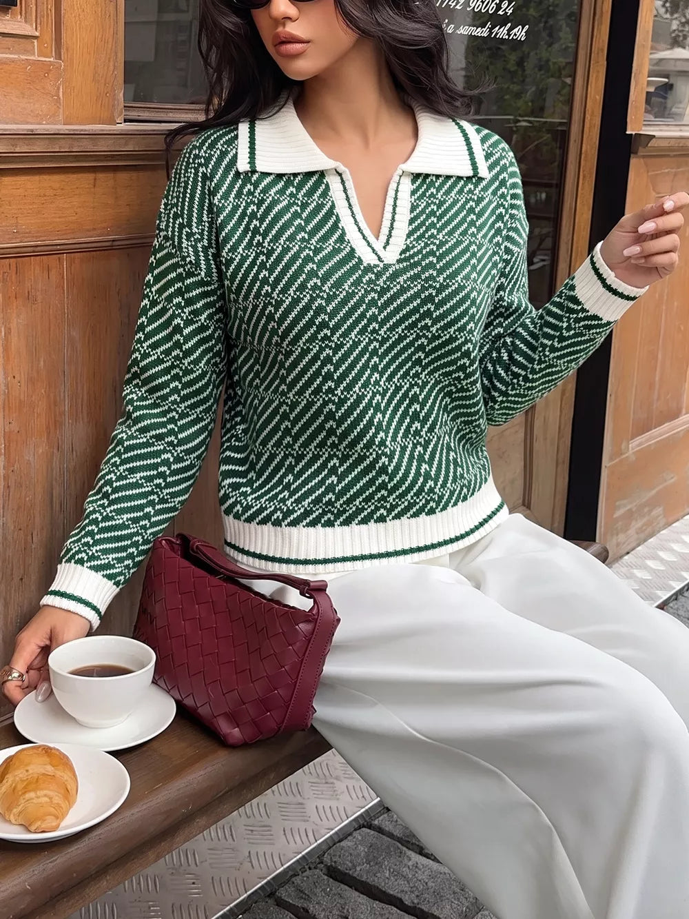 Geometric Patterned Collared Sweater in Green, back view