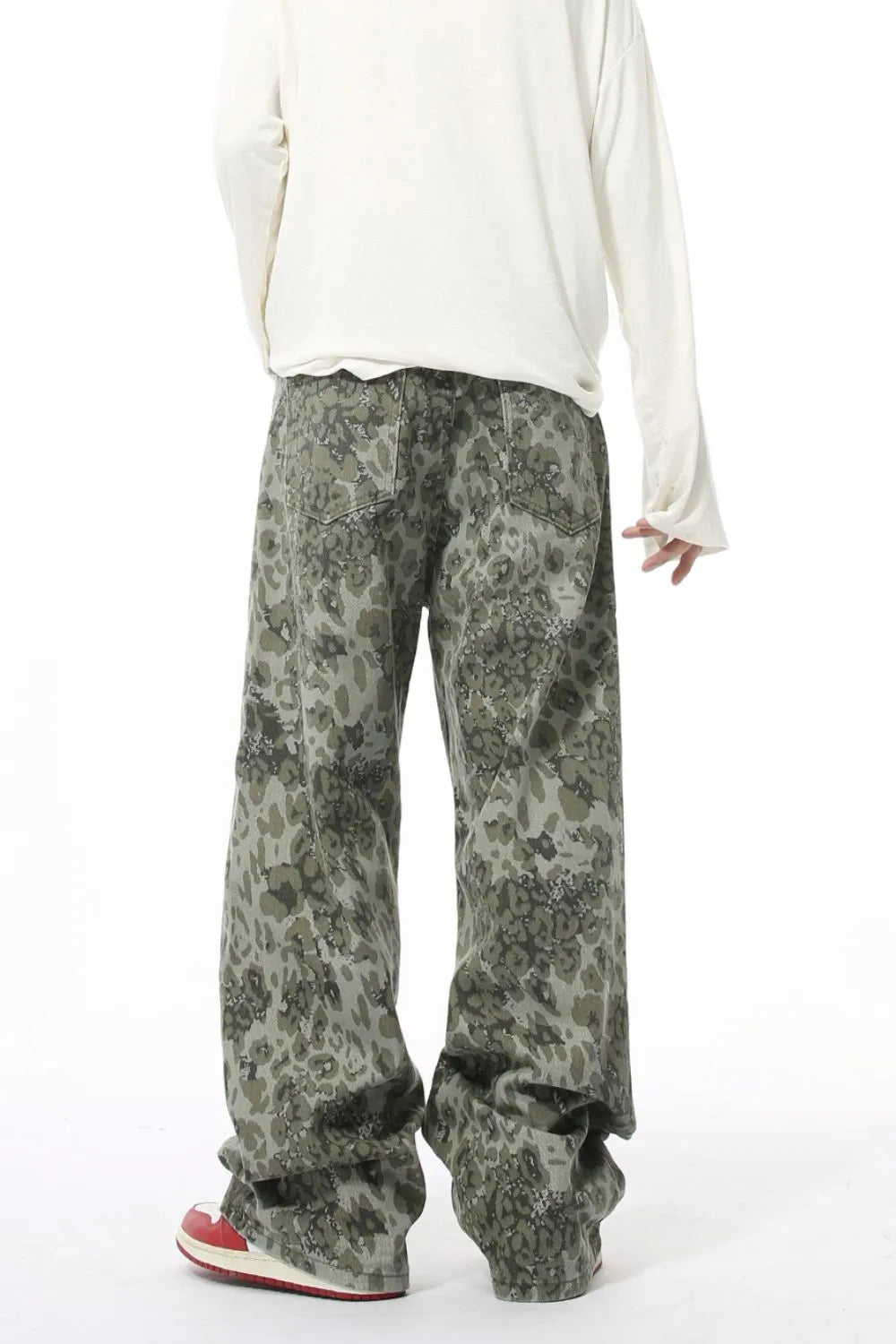 Camouflage wide-leg denim trousers in Sage, featuring a relaxed fit and casual style.