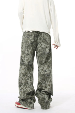 Camouflage wide-leg denim trousers in Sage, featuring a relaxed fit and casual style.