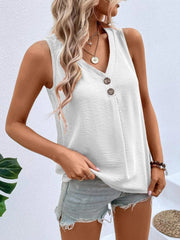 White textured V-neck tank top with button front detail