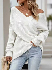 Crisscross Ribbed Knit Long Sleeve Sweater in Black, close-up detail