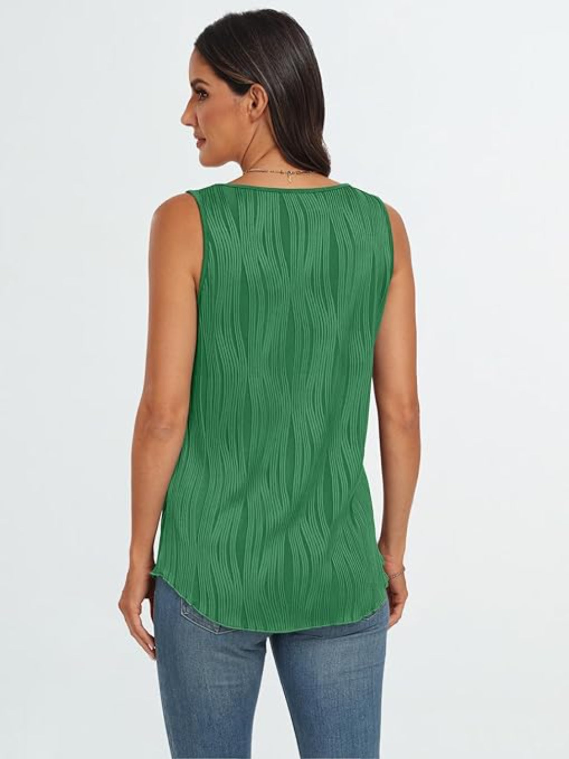 Textured wave tank top in dark green with a curved hem.