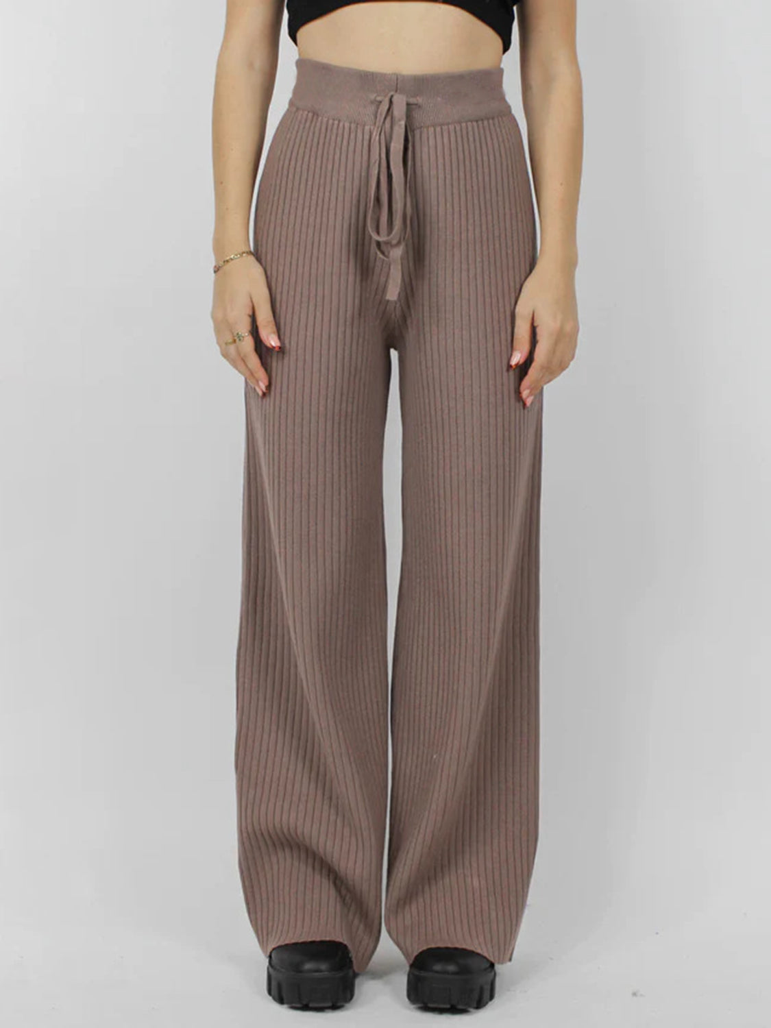 Luxe ribbed knit palazzo trousers in taupe with a drawstring waist and wide leg