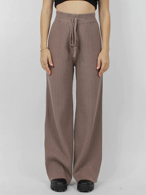 Luxe ribbed knit palazzo trousers in taupe with a drawstring waist and wide leg