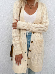 Cream cable knit button-down cardigan with pockets, 100% acrylic
