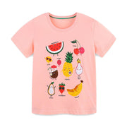Pink cotton t-shirt with playful cartoon fruit print, short sleeves, crew neck.