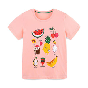 Pink cotton t-shirt with playful cartoon fruit print, short sleeves, crew neck.