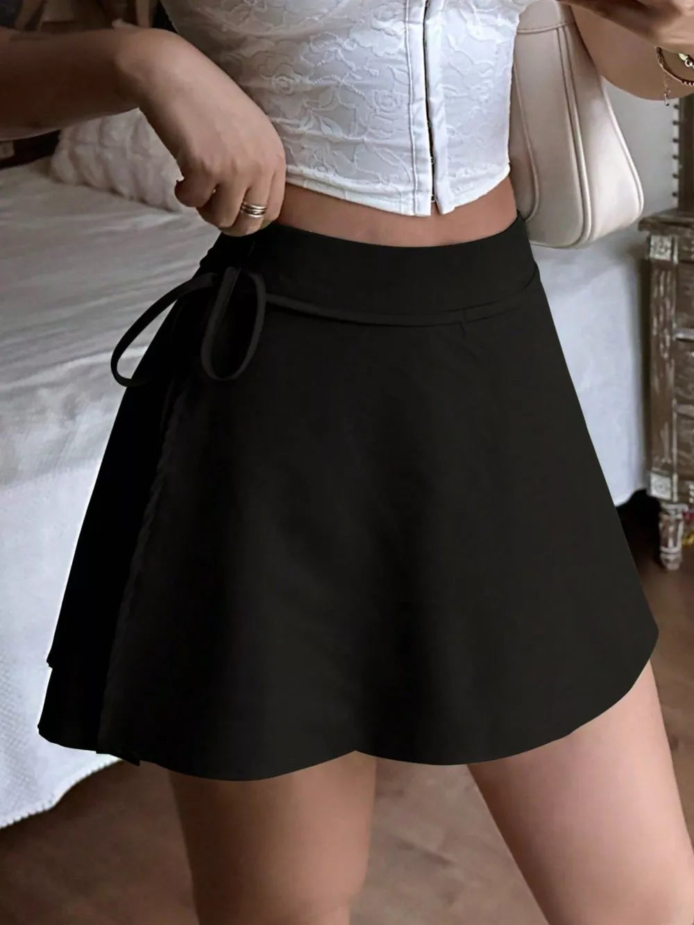 Tie Detail Mini Skort in Black, fit detail
