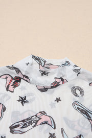 White mesh bodysuit with western print featuring cowboy boots and horseshoes.