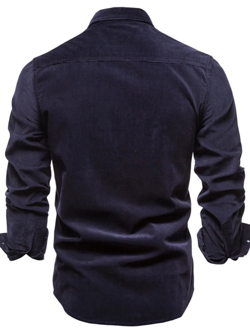 Indigo corduroy utility shirt with button-down collar and long sleeves, back view.