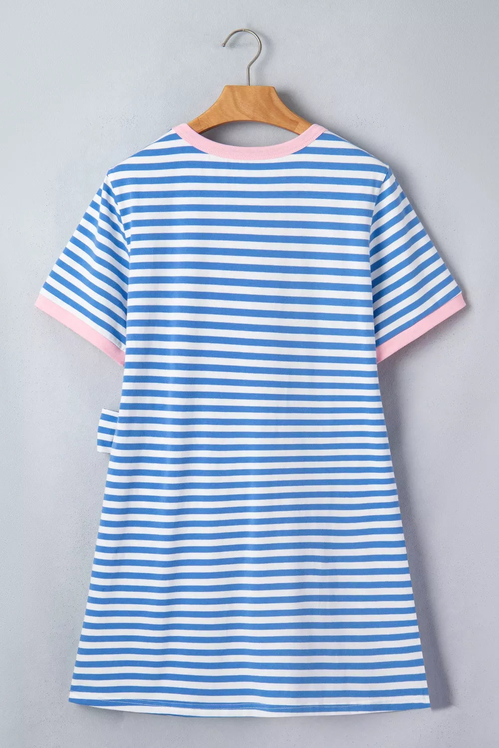 Nautical stripe mini dress with pink trim and tie detail, cotton, above knee length