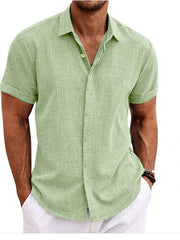 Men's light green short sleeve button-down shirt with a textured fabric.