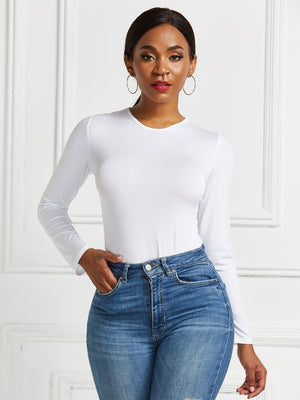 White long sleeve ribbed bodysuit with crew neck, body-hugging fit