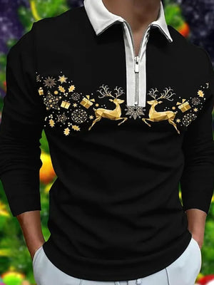 Black zip-neck polo with festive reindeer and snowflake motif