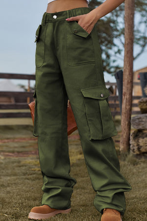 Army green utility cargo pants with wide legs and multiple pockets.