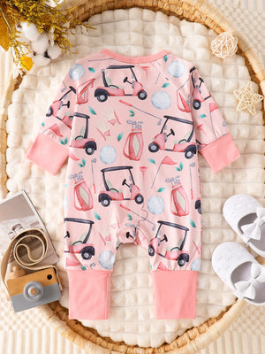Pink baby one-piece with golf cart and golf club print, long sleeves, crew neck.